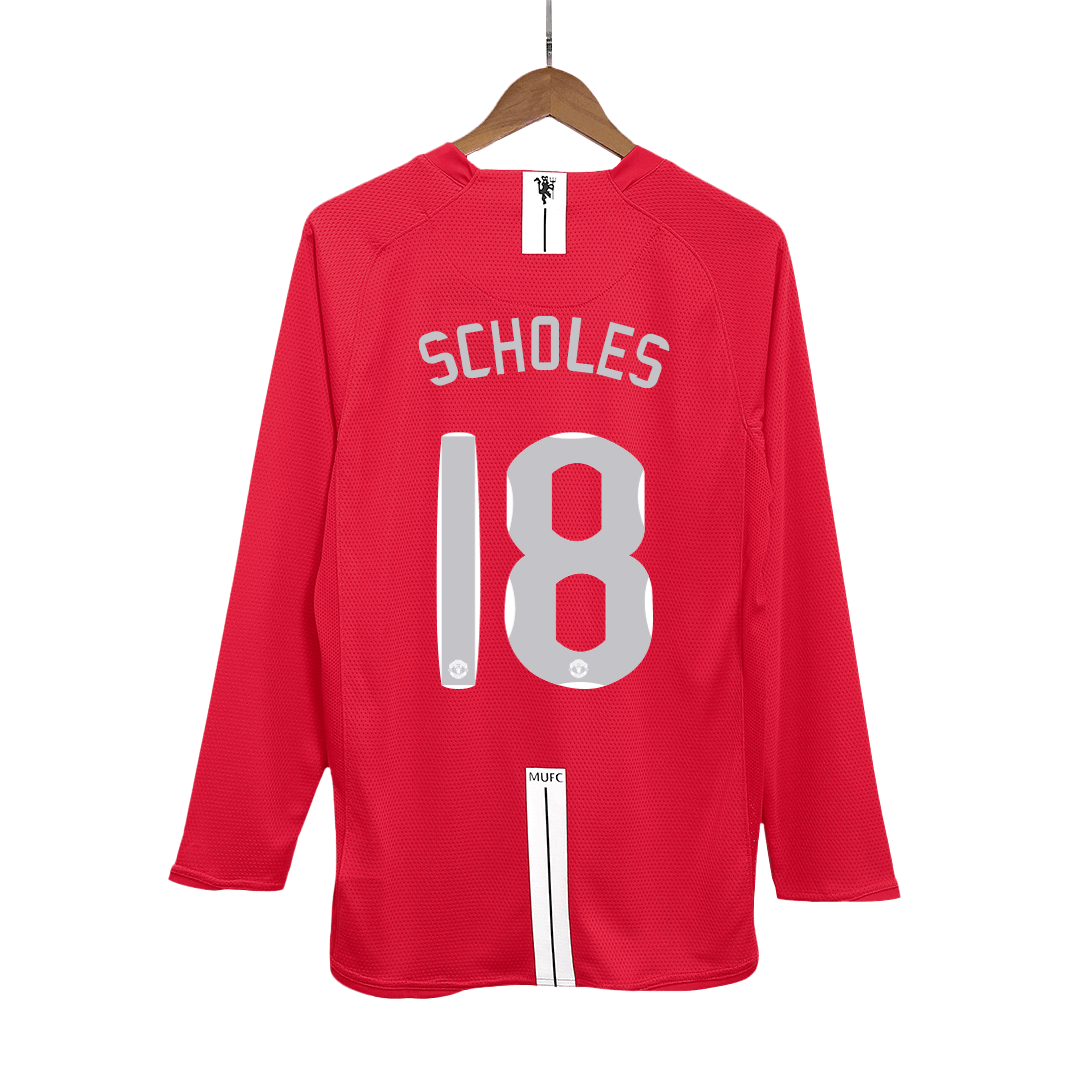 Manchester United 2007/08 Retro Long Sleeve Home Soccer Jersey - SCHOLES #18 – UCL Final