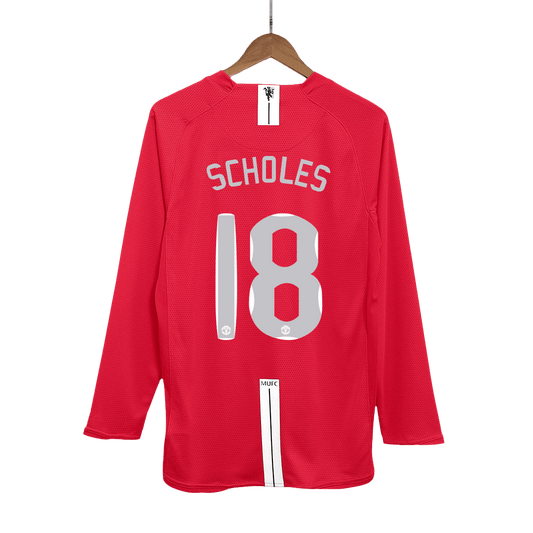 Retro SCHOLES #18 Men's Manchester United UCL Final 2007/08 Home Long Sleeve Soccer Jersey